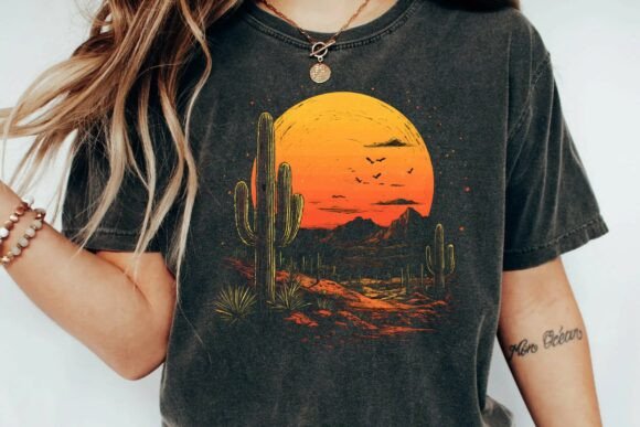Download Vintage Desert Sunset Cactus Mountain Retro Graphic T-Shirt Design Png - Sun Collection