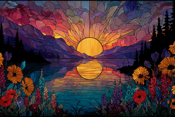 Download Sunset Lake Mountain Stained Glass Art - Sun Collection