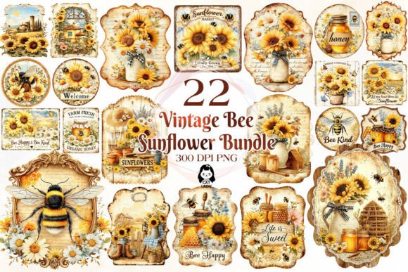 Download Vintage Bee Honey Sunflower Label Bundle - Sun Collection
